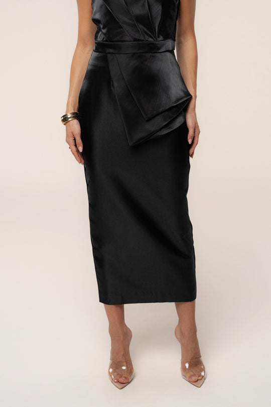 Black Reception Pleated Midi Skirt
