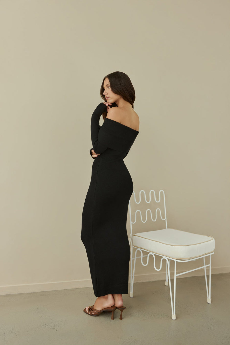 Angels Sing Off Shoulder Knit Maxi Dress Black