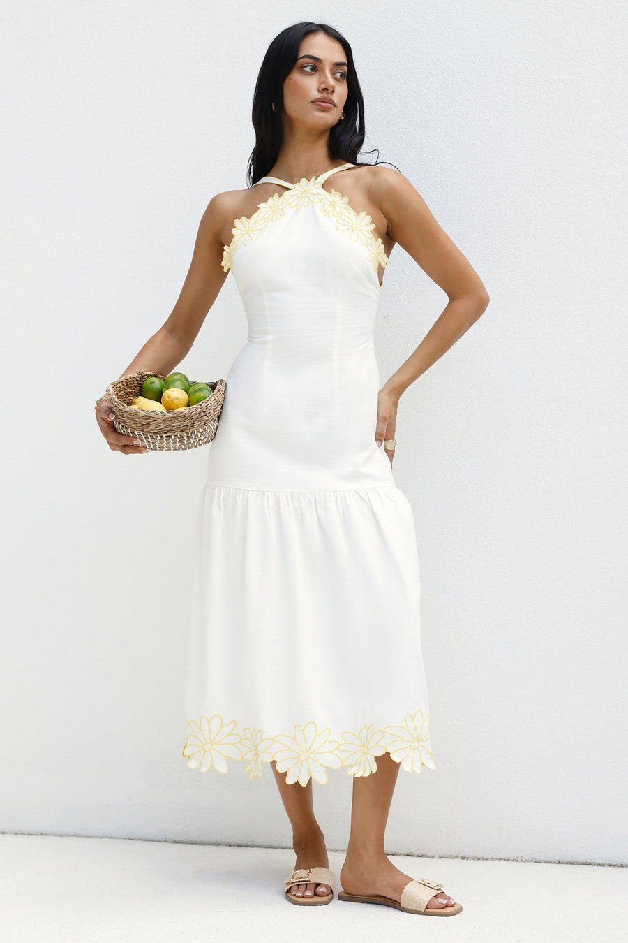 Golden Petals Midi Dress White