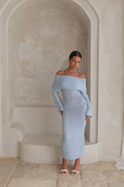 Cabana Crush Off Shoulder Knit Midi Dress Blue