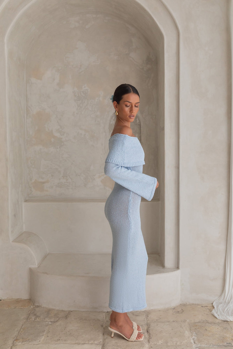 Cabana Crush Off Shoulder Knit Midi Dress Blue