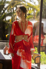 PRE-ORDER Sunset Red Hera Draped Maxi Skirt