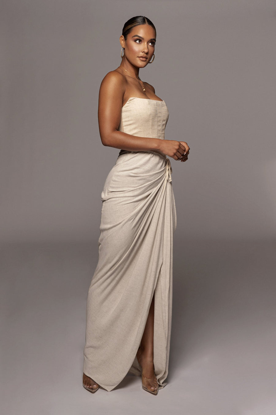 Natural Noelia Linen Slit Skirt