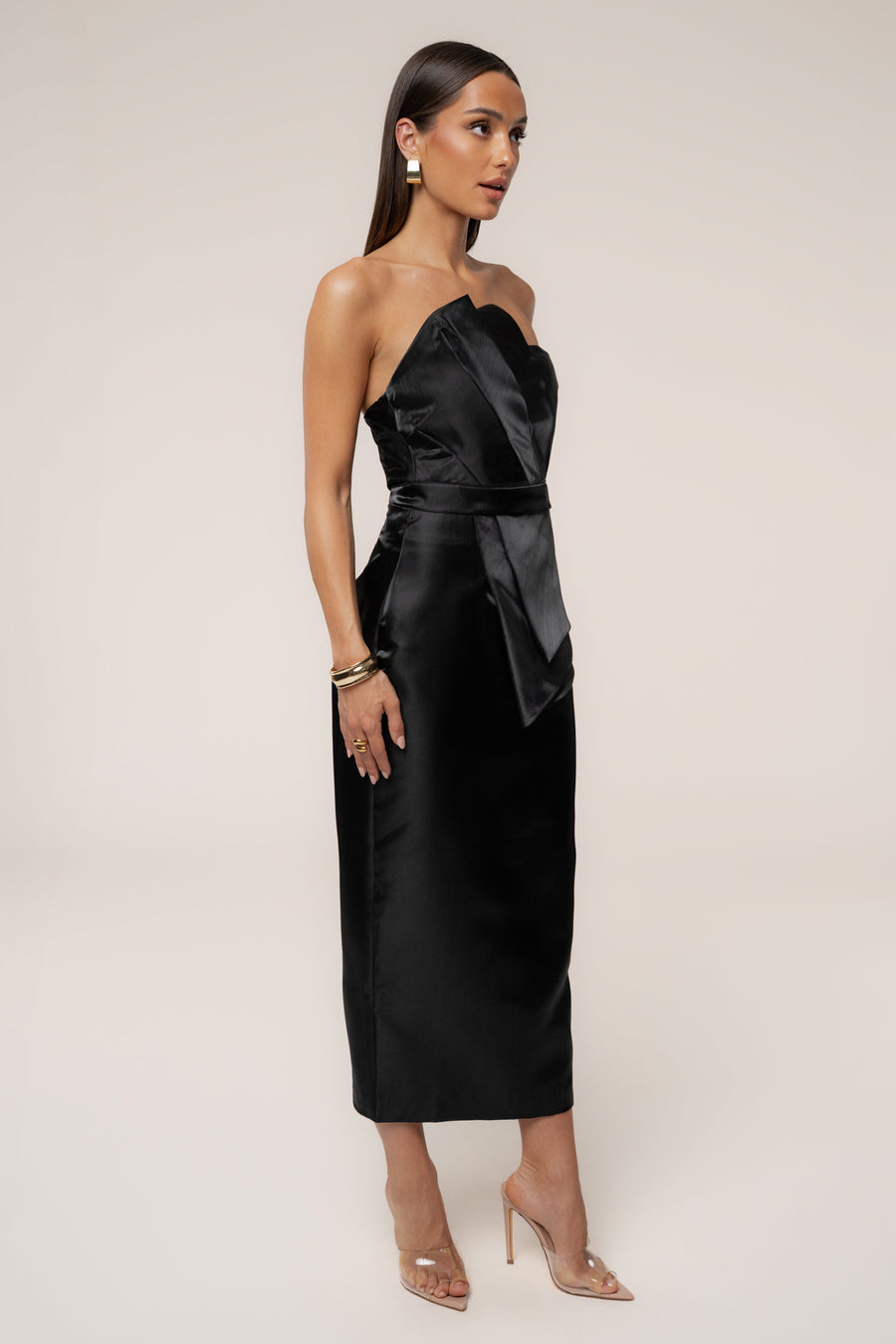 Black Reception Pleated Midi Skirt