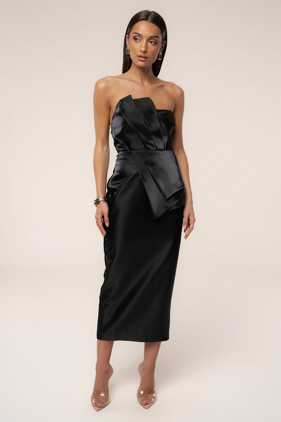 Black Reception Pleated Midi Skirt