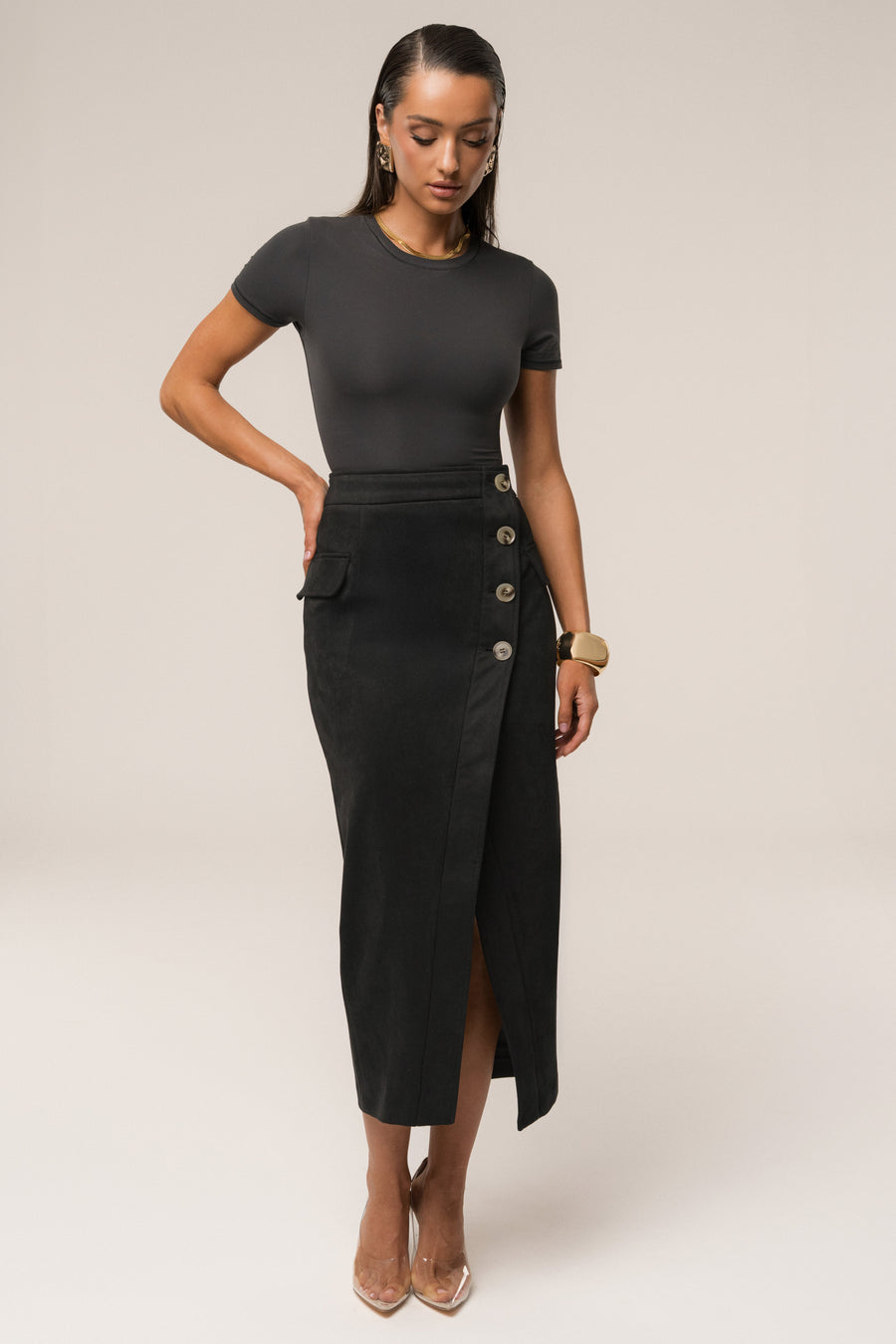 Black Audrey Suede Midi Skirt