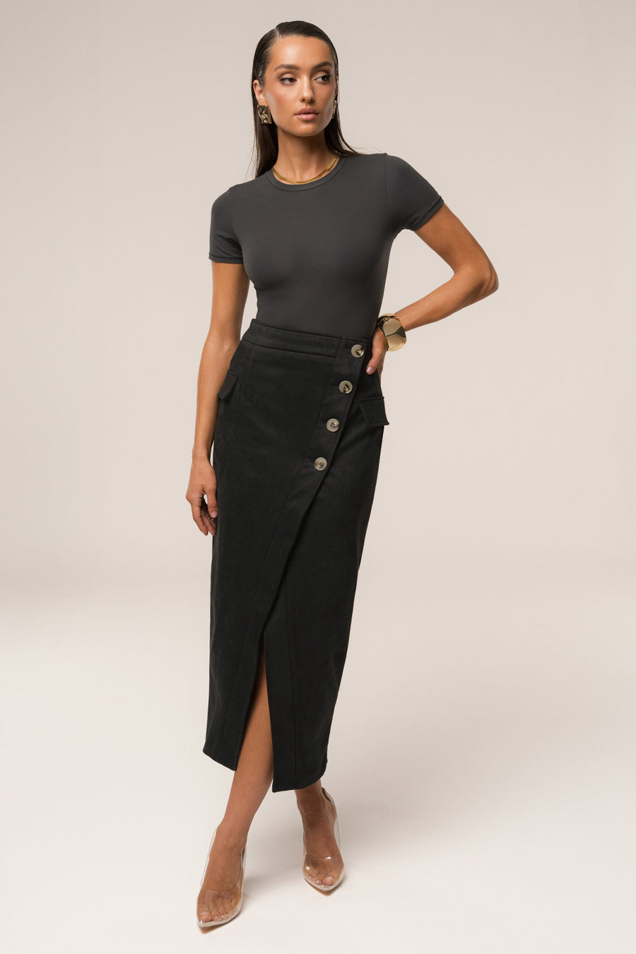 Black Audrey Suede Midi Skirt