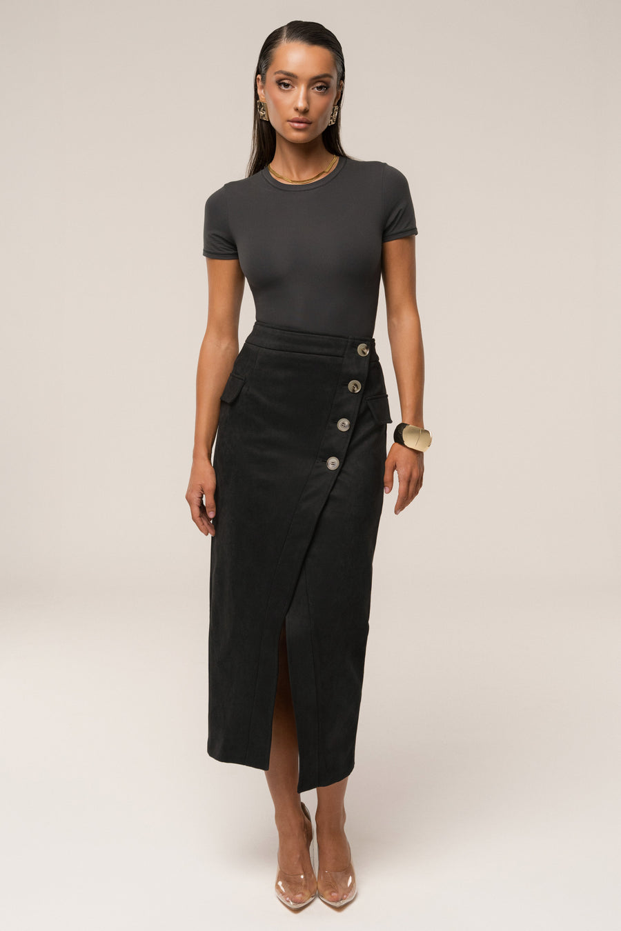 Black Audrey Suede Midi Skirt