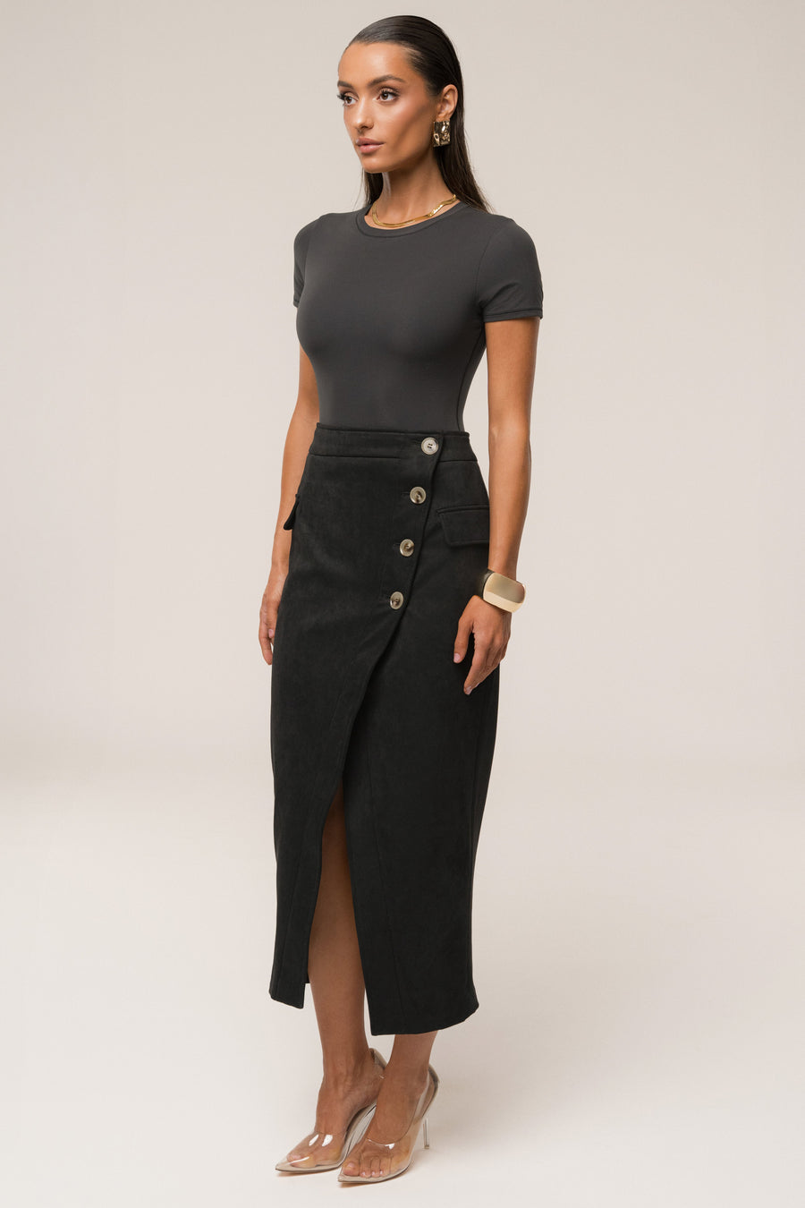 Black Audrey Suede Midi Skirt