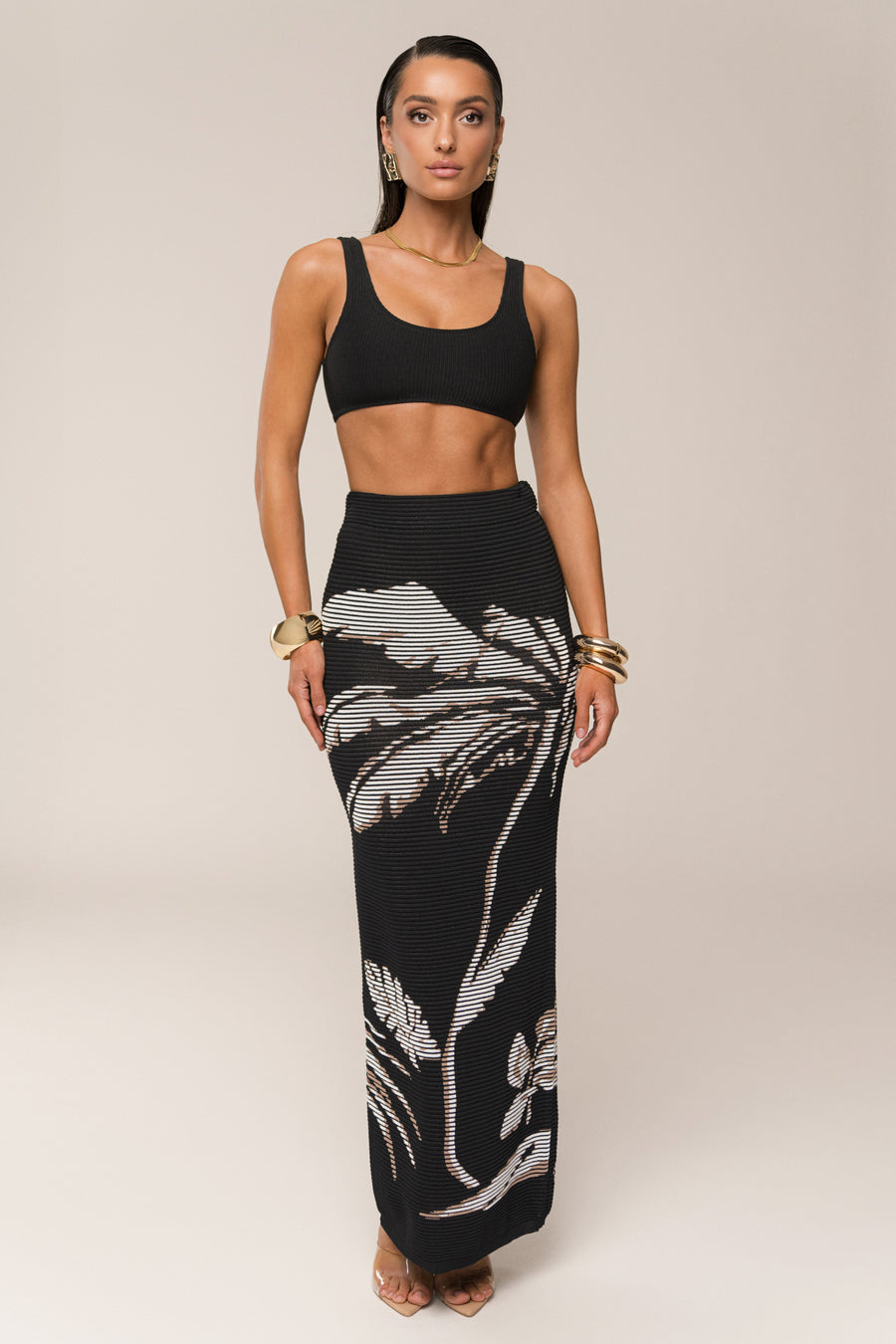 Black/Beige Tropic Dreams Palm Print Skirt