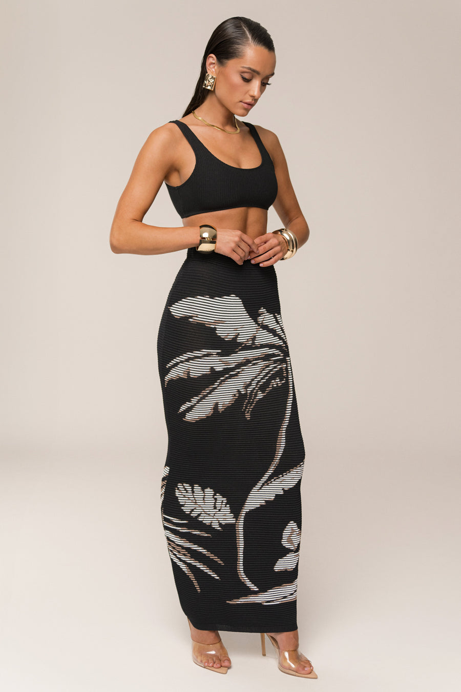 Black/Beige Tropic Dreams Palm Print Skirt