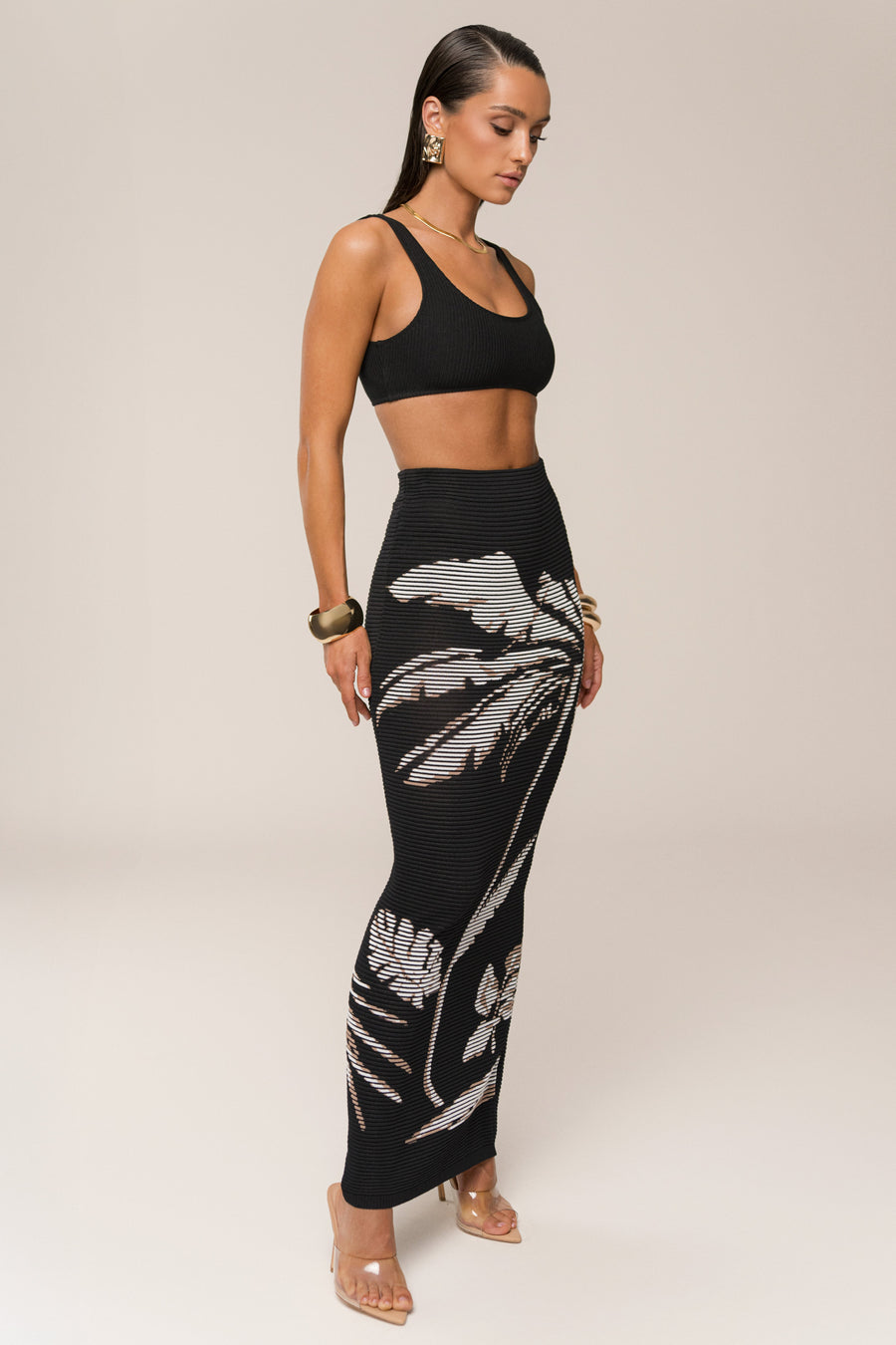 Black/Beige Tropic Dreams Palm Print Skirt