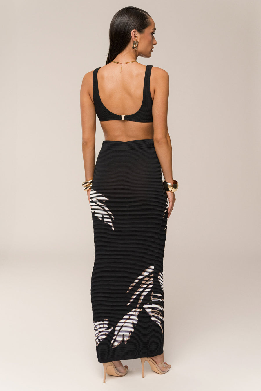 Black/Beige Tropic Dreams Palm Print Skirt