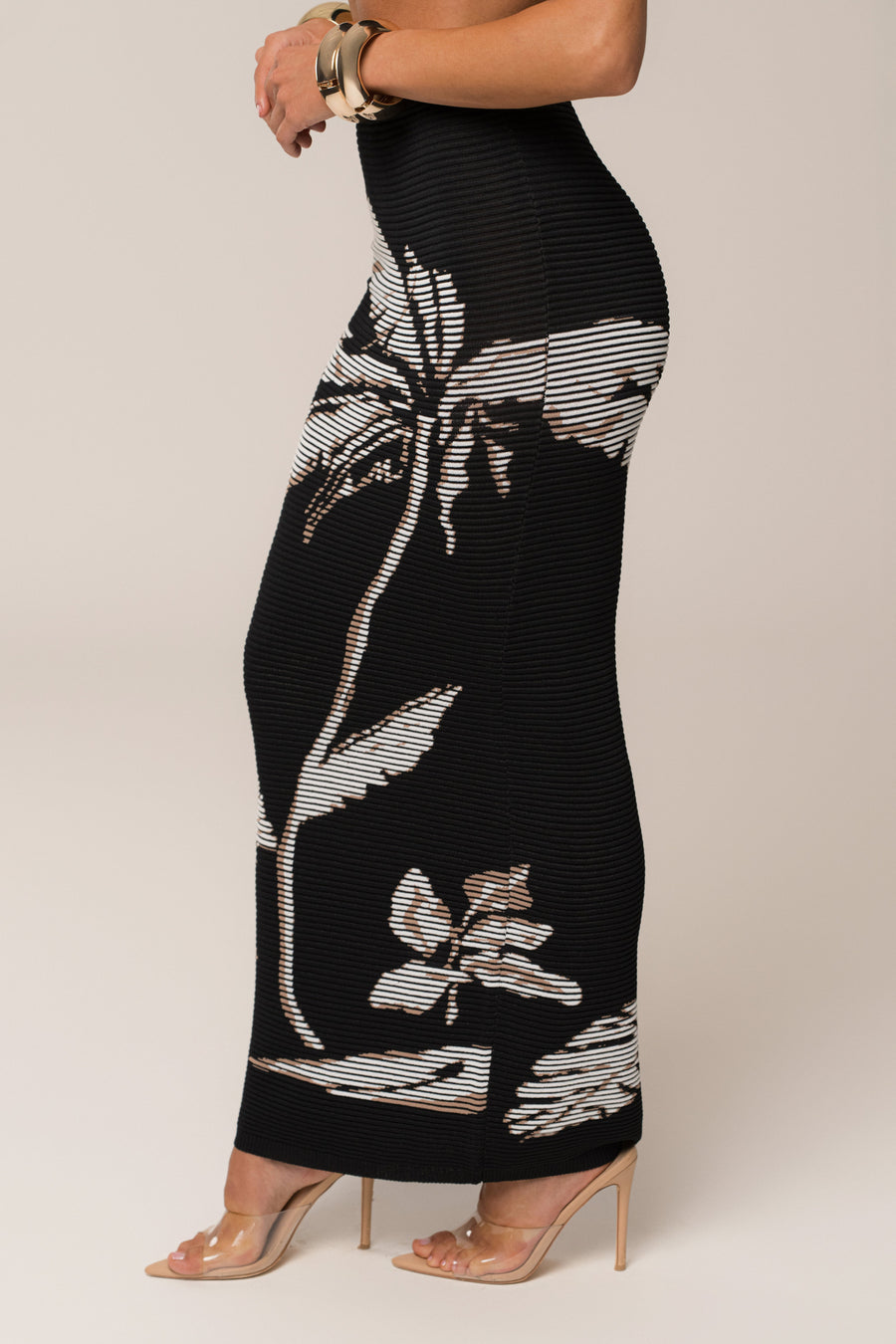 Black/Beige Tropic Dreams Palm Print Skirt