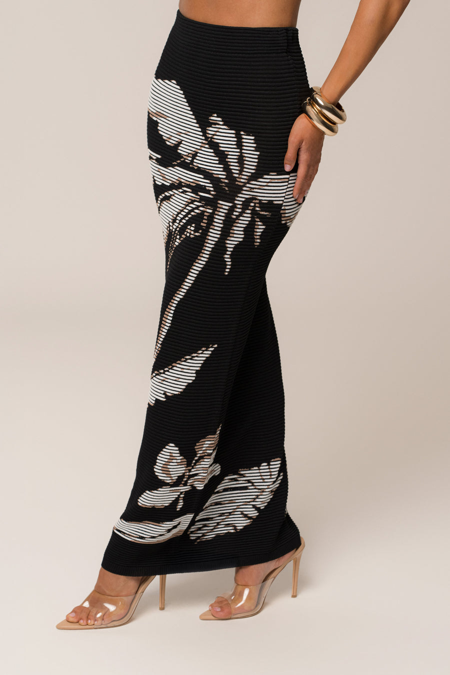 Black/Beige Tropic Dreams Palm Print Skirt