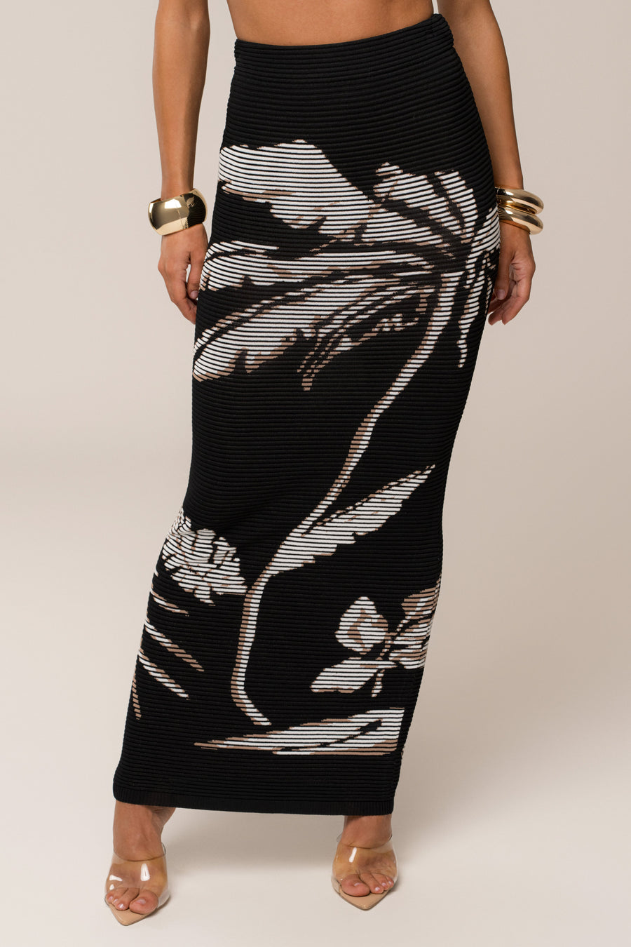 Black/Beige Tropic Dreams Palm Print Skirt