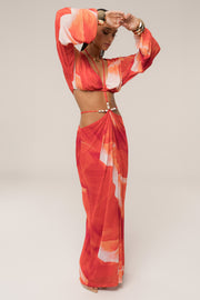 PRE-ORDER Sunset Red Hera Draped Maxi Skirt