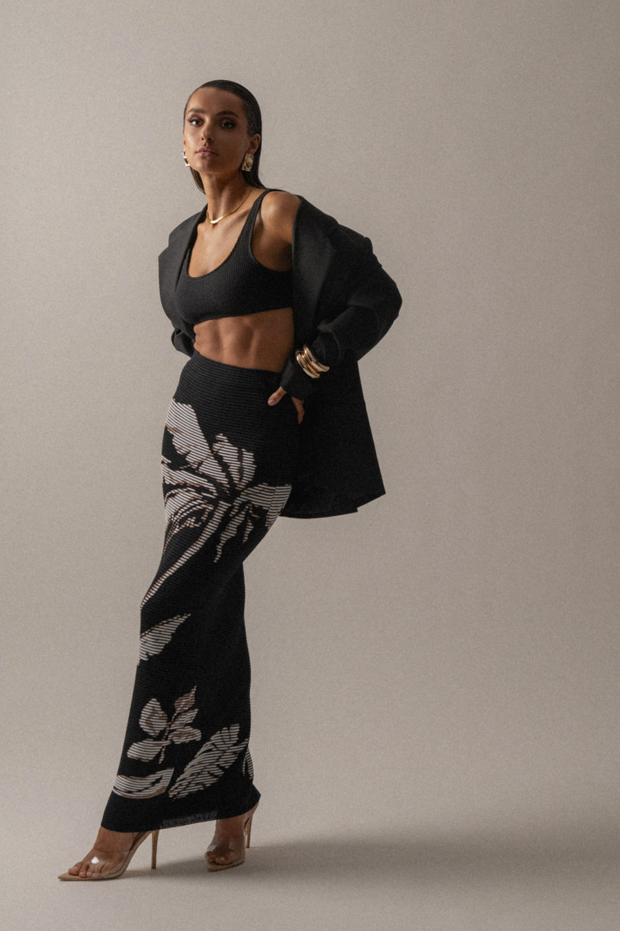 Black/Beige Tropic Dreams Palm Print Skirt