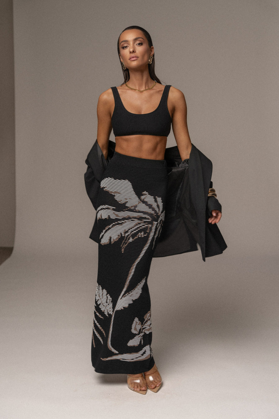 Black/Beige Tropic Dreams Palm Print Skirt