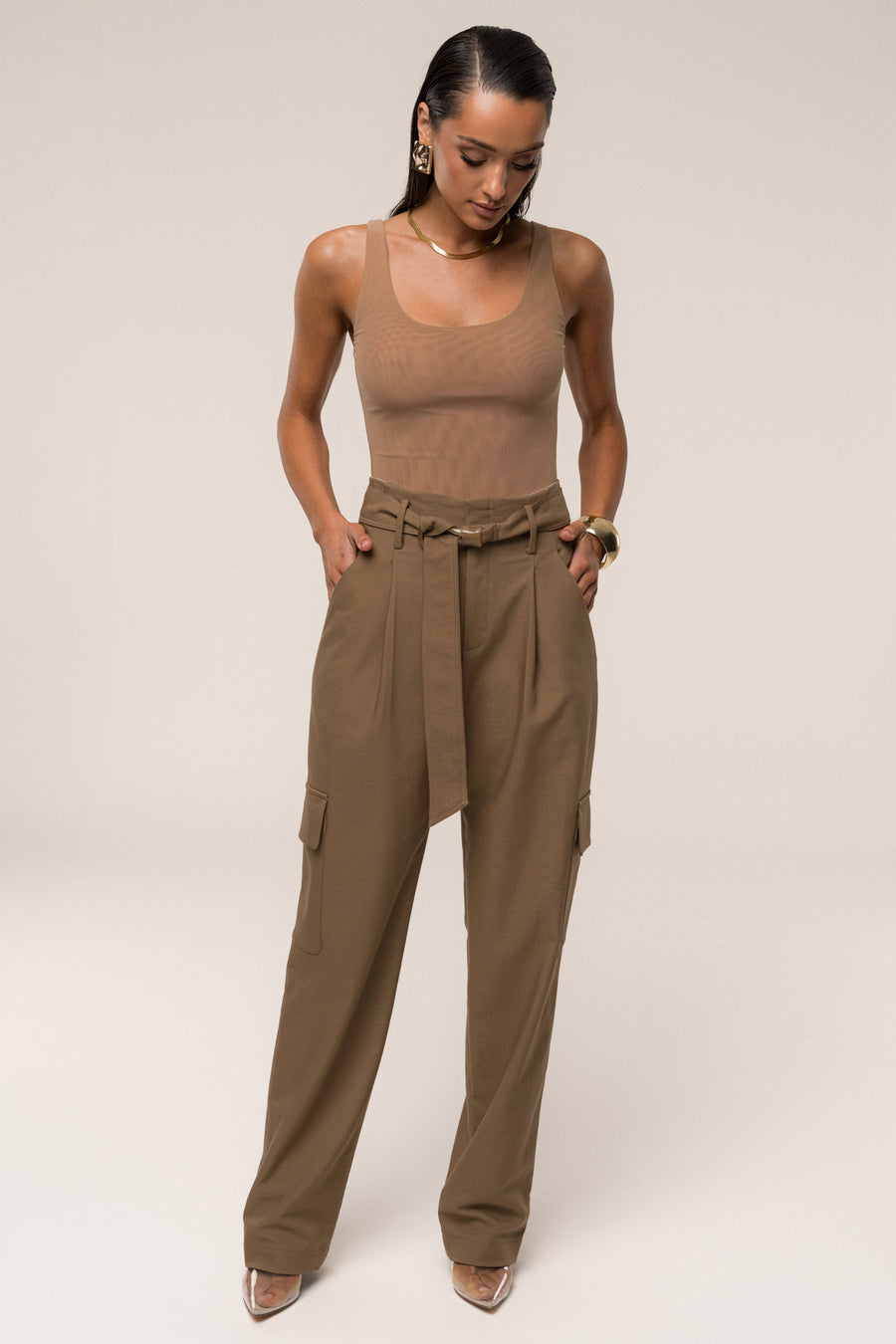 Tan Alexis Belted Cargo Pants