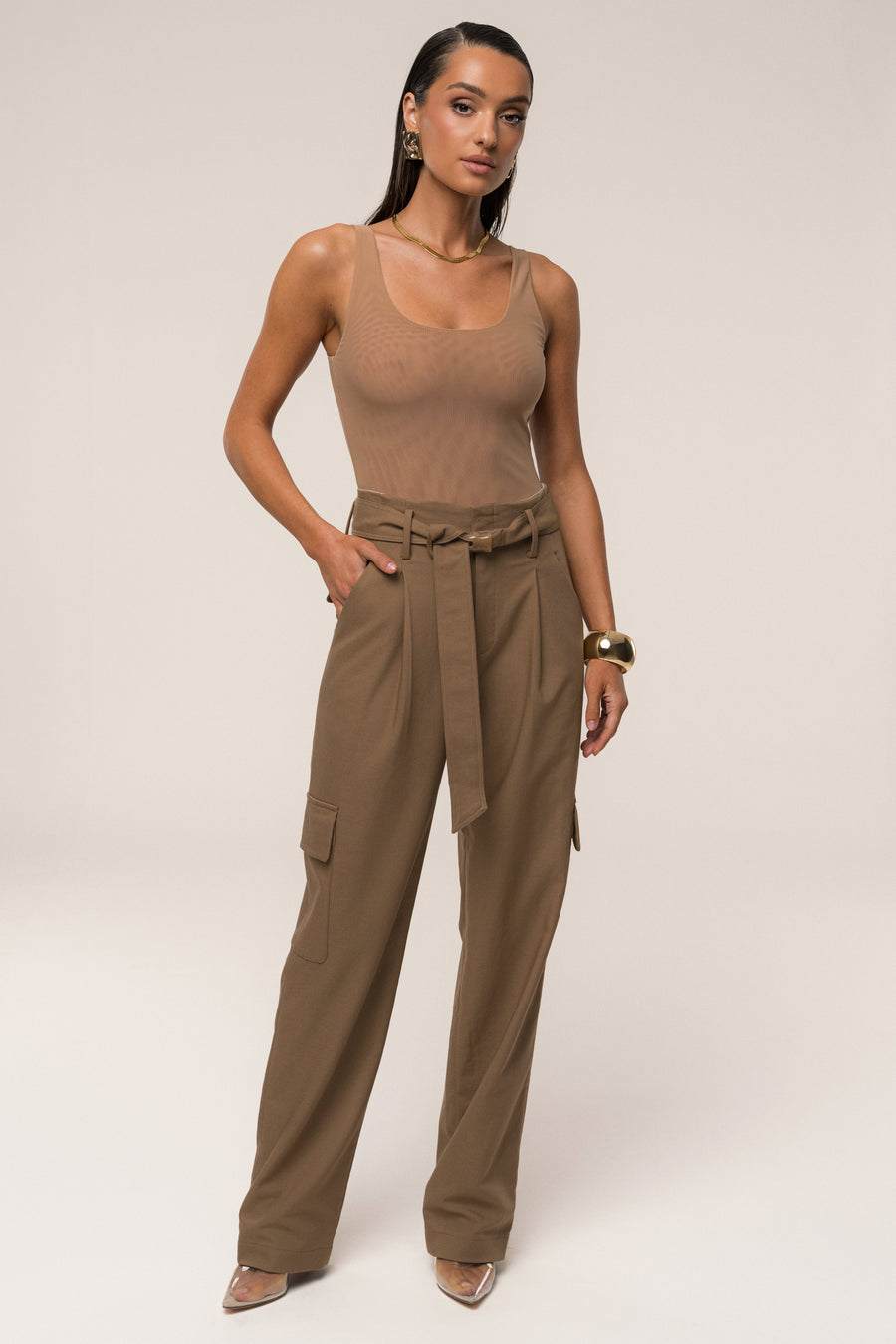 Tan Alexis Belted Cargo Pants