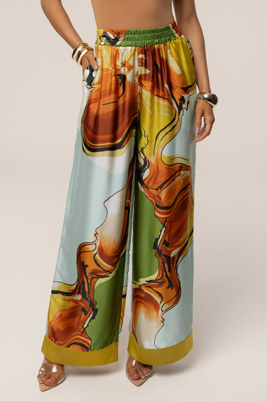 Green Tropical Print Jet Set Wide Leg Pants