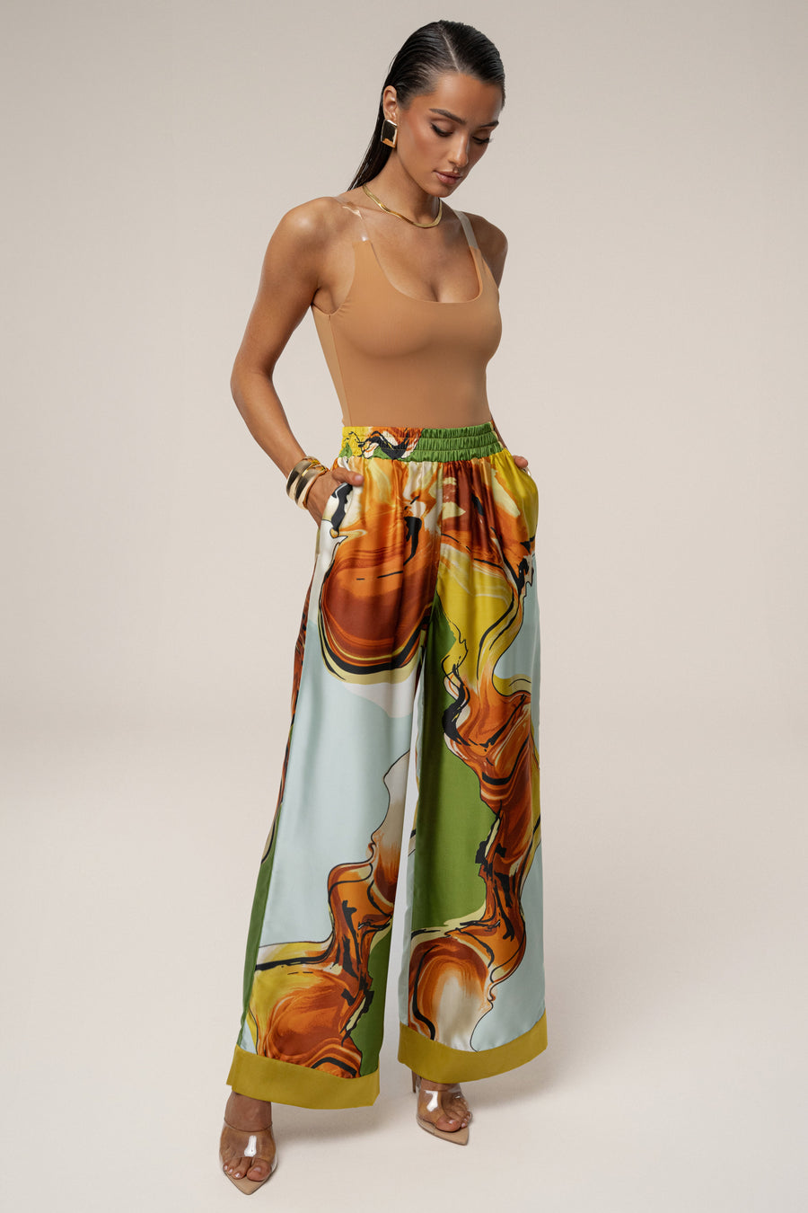 Green Tropical Print Jet Set Wide Leg Pants