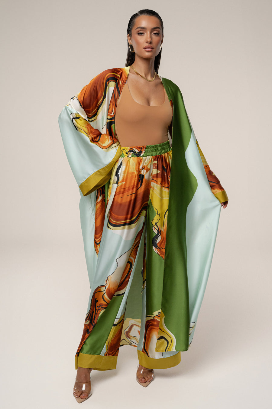 Green Tropical Print Jet Set Wide Leg Pants