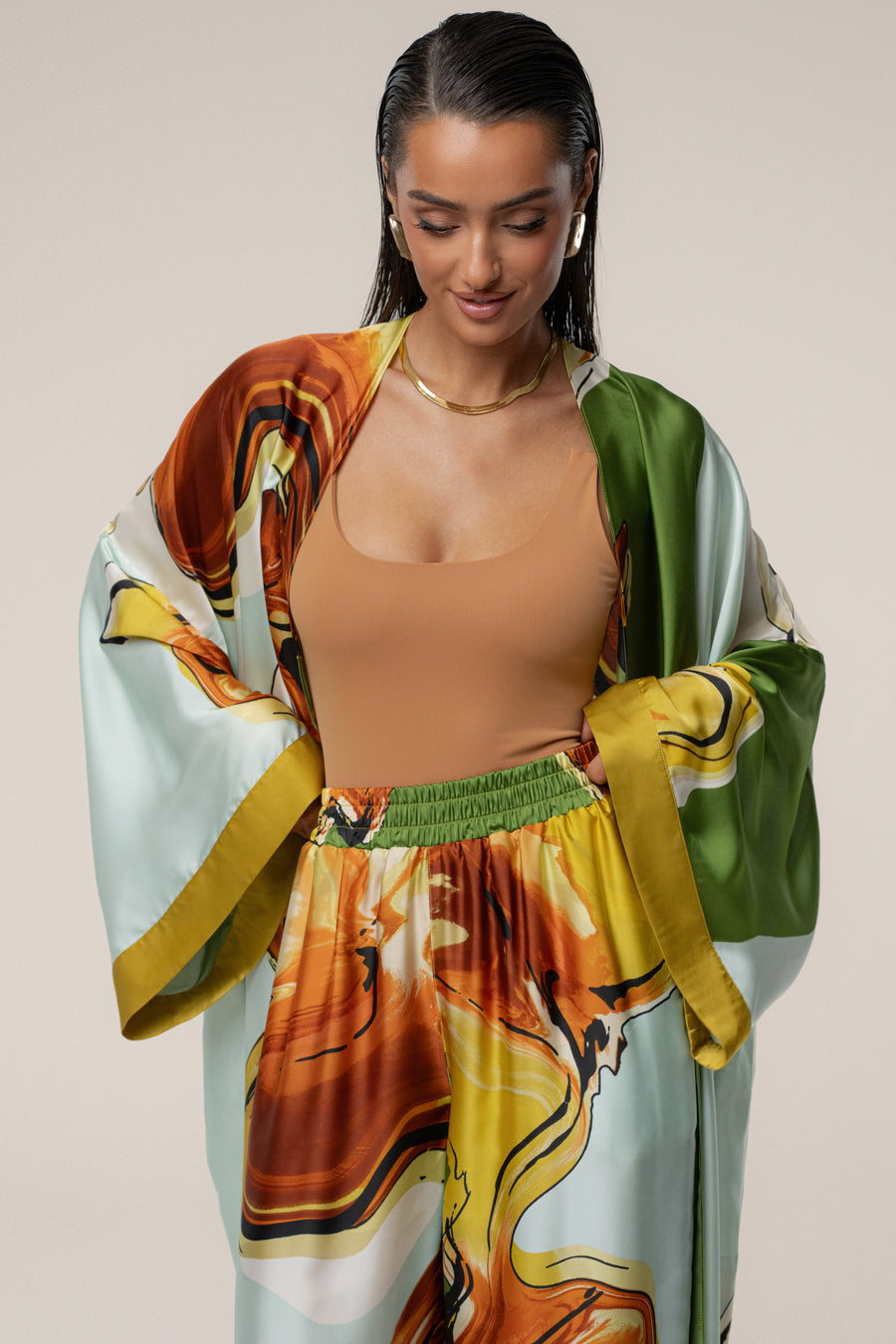 Green Tropical Print Jet Set Wide Leg Pants