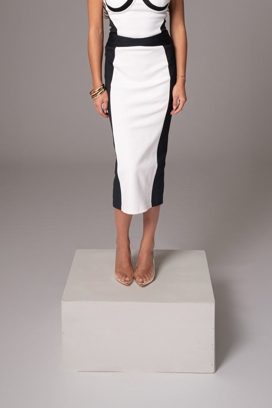 Black/White Celebration Colorblock Midi Skirt