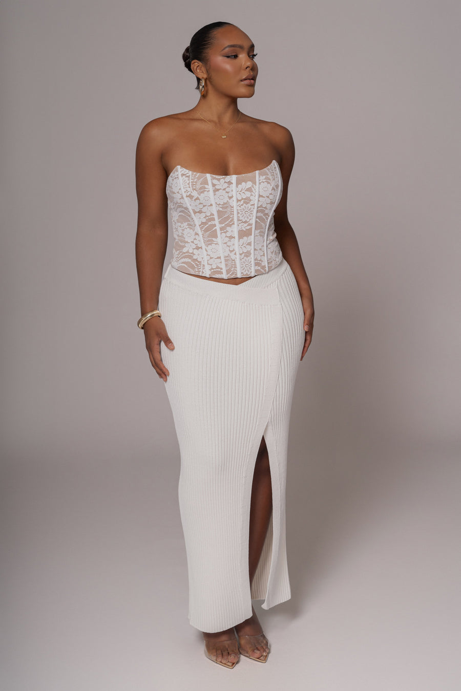 Ivory Hamptons Ribbed Slit Skirt