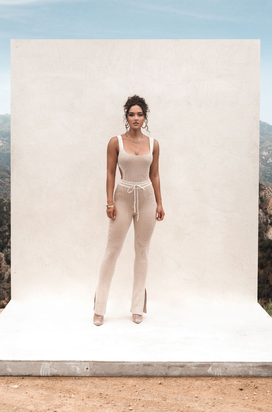 Taupe/White Faya Ribbed Pants